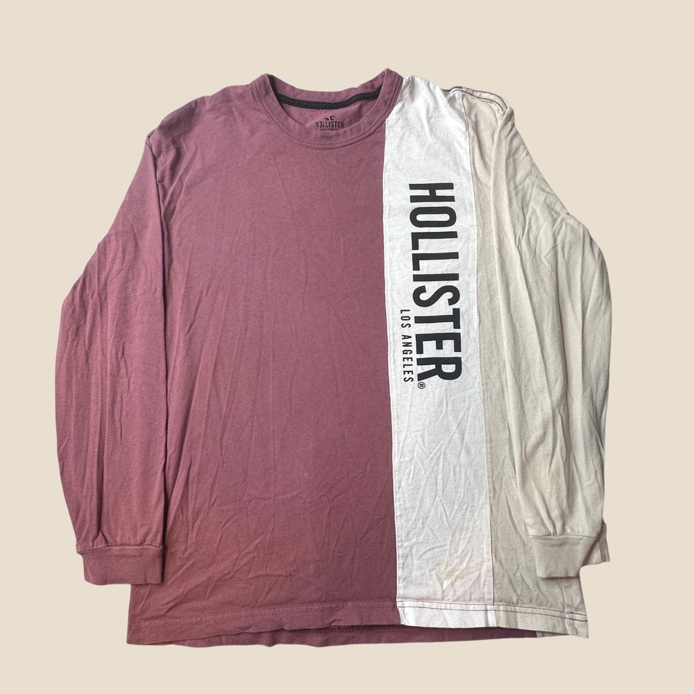 Hollister T-Shirt Mens XS Oversized Fit Maroon White Colorblock Graphic Long Slv